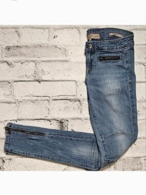 Guess Moto Skinny Jeans Zip Detail Distressed Blue Denim Size 28